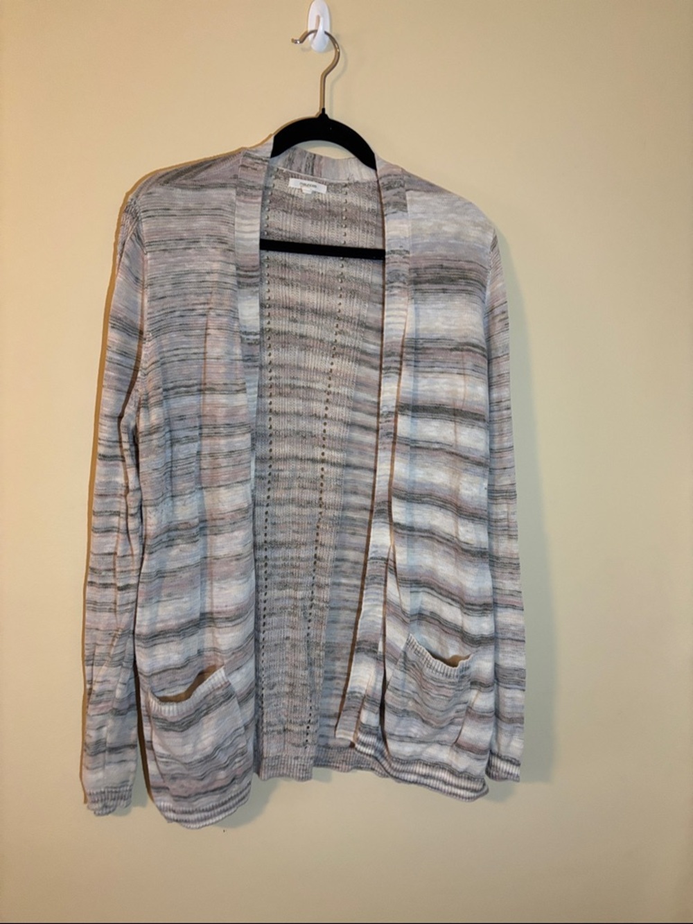 Maurices Light Gray and White Striped Open-Front Cardigan